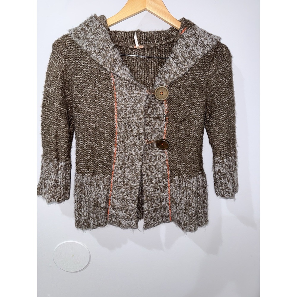 Free People Sz XS Cardigan Hooded Sweater Wool Blend Chunky CottageCore Boho Y2K